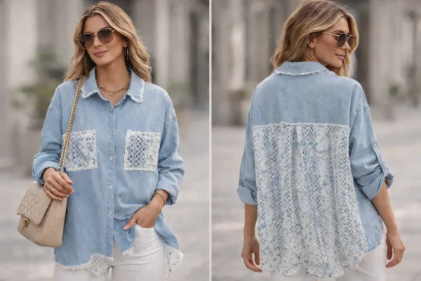 Chemise denim & dentelle fleurie