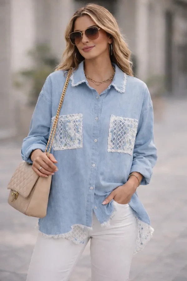 Chemise denim & dentelle fleurie