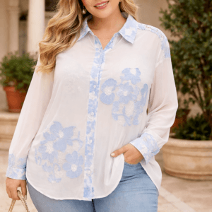 Chemise voile brodé fleurs bleues