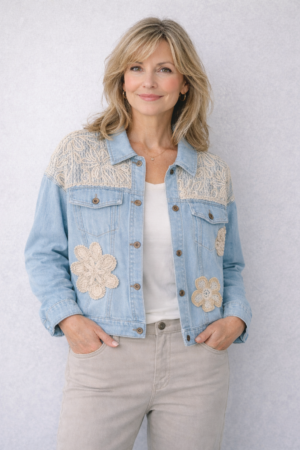 Veste en jean bleu clair au style romantique et bohème